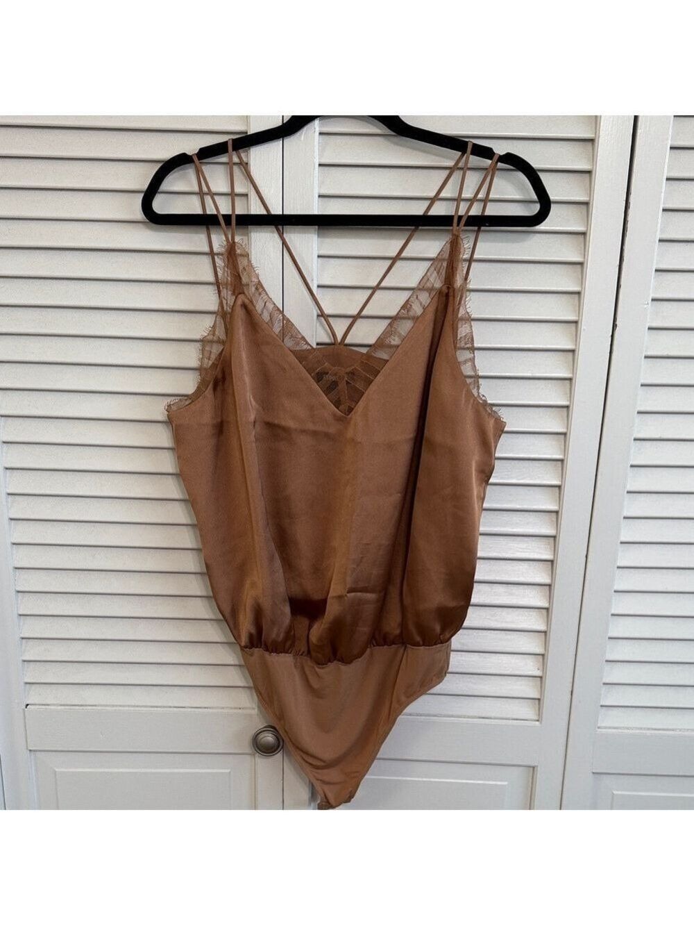 Express Satin Lace-Trim Bodysuit in Camel